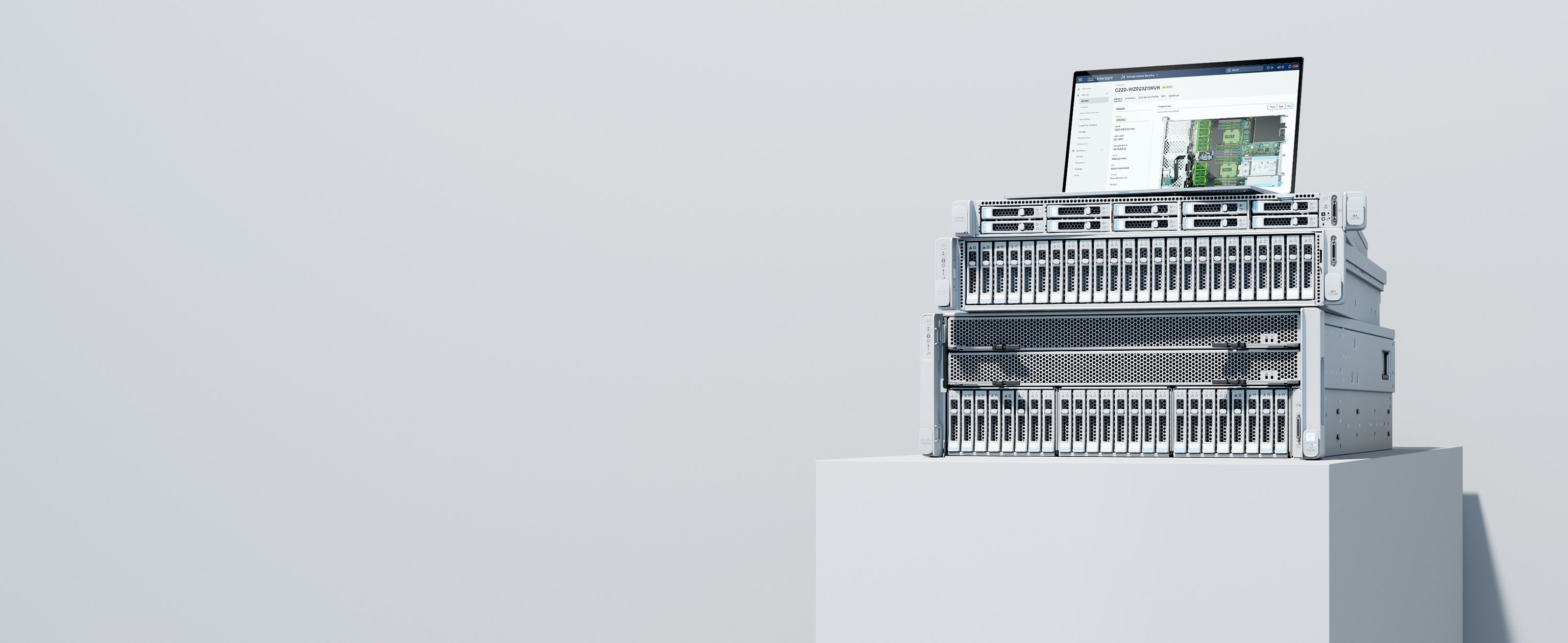 Stacked Cisco UCS C–Series Rack Servers with laptop displaying  Cisco Intersight