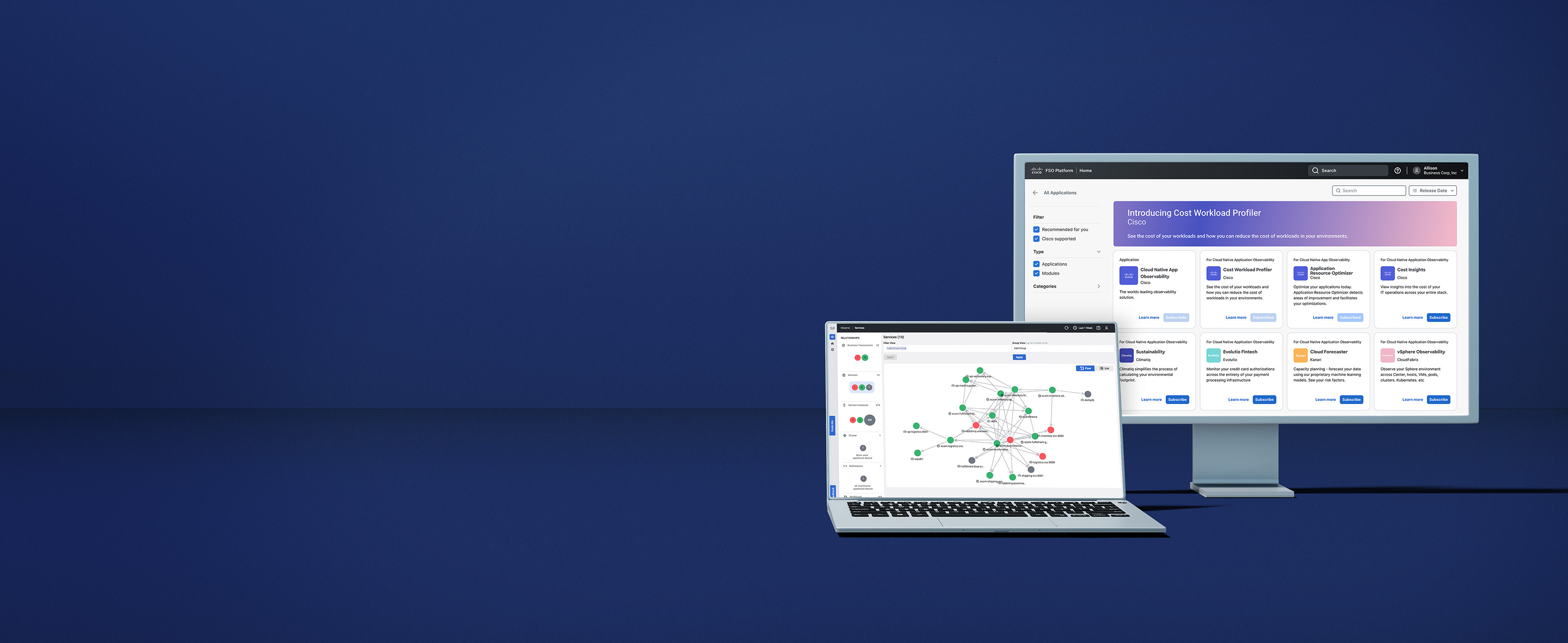 Desktop and laptop screens showing dashboard of Cisco's Full-Stack Observability Platform