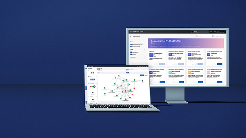 Desktop and laptop screens showing dashboard of Cisco's Full-Stack Observability Platform