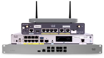 Four routers stacked featuring various WAN appliances