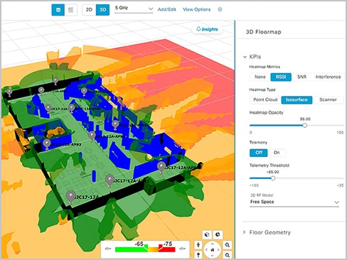 Vue de l'analyseur de réseau sans fil 3D sur le tableau de bord de Cisco Catalyst Center 